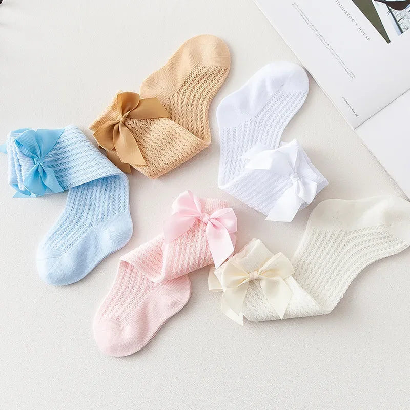 Summer Baby Girl Socks Toddler Infant Bows Mesh Breathable Sock Newborn Knee High Long Soft Cotton Kids Princess Socks For 0-3 Y