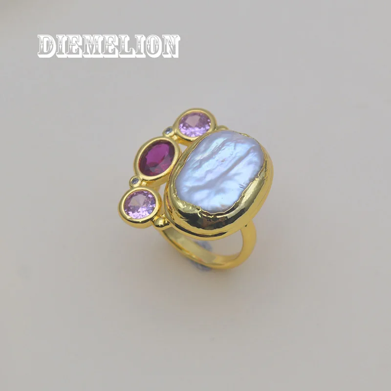 New Fashion Colorful CZ Crystal Pave Natural Baroque Freshwater Square Pearl Rings for Women's Opening Daily Work Accessories