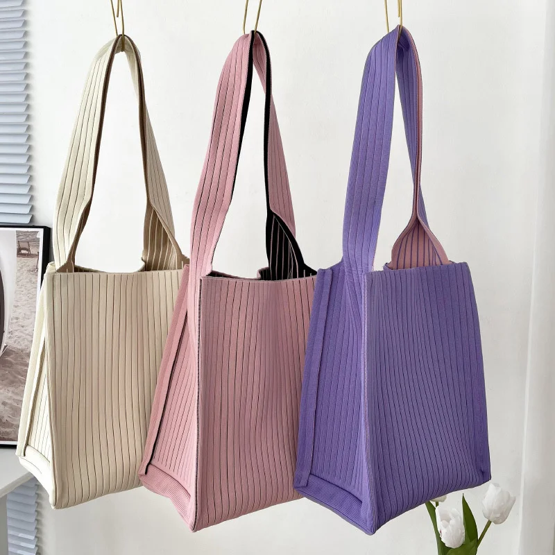 Fashion Women's Geometric Pleated Bags Korean Style Knit Large Capacity Shoulder Bag Ladies Shopping Bag Female Tote Handbag