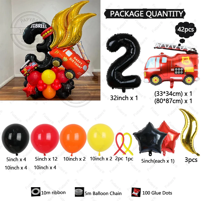 42 قطعة بالون شاحنة الإطفاء 1-9 مجموعة رقمية سوداء أحمر برتقالي أصفر النار Globos للبنين أطفال رجال الاطفاء تحت عنوان حفلة عيد ميلاد ديسمبر