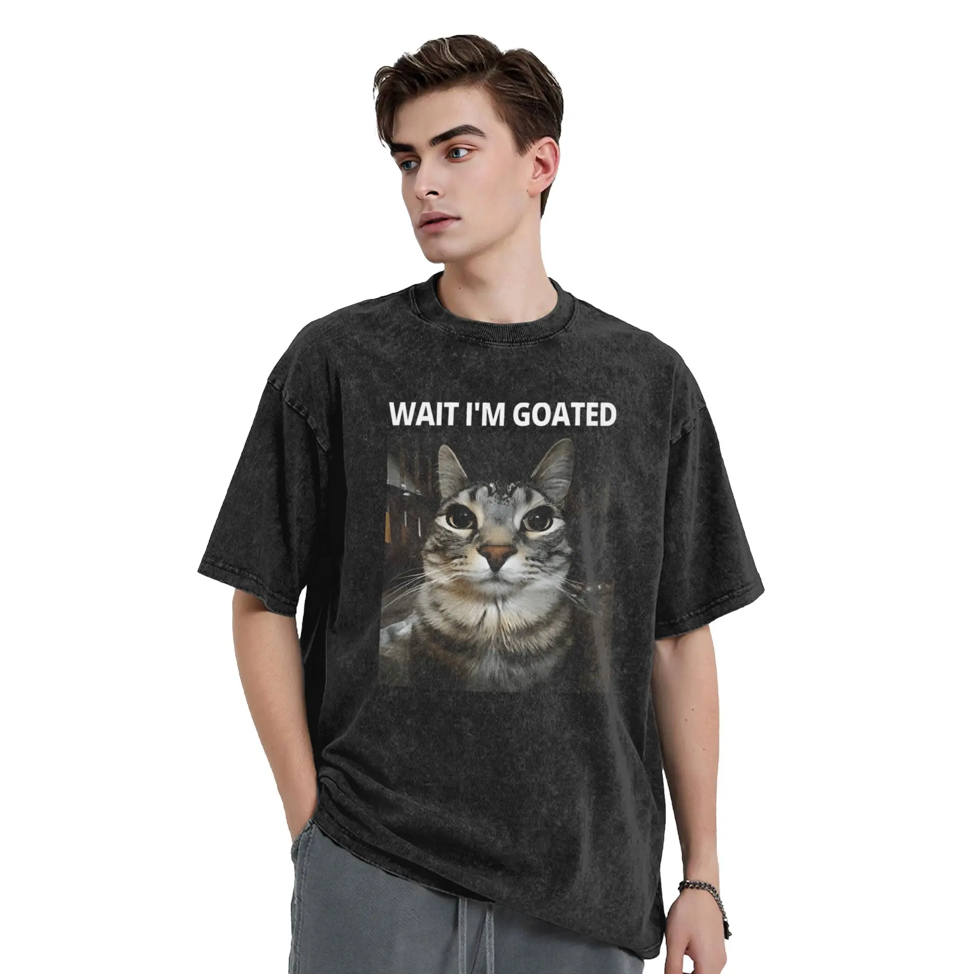 Wait Im Goated Cat Meme Men T Shirt Washed  Vintage Tees Short Sleeve Round Collar T-Shirts Cotton Plus Size Tops