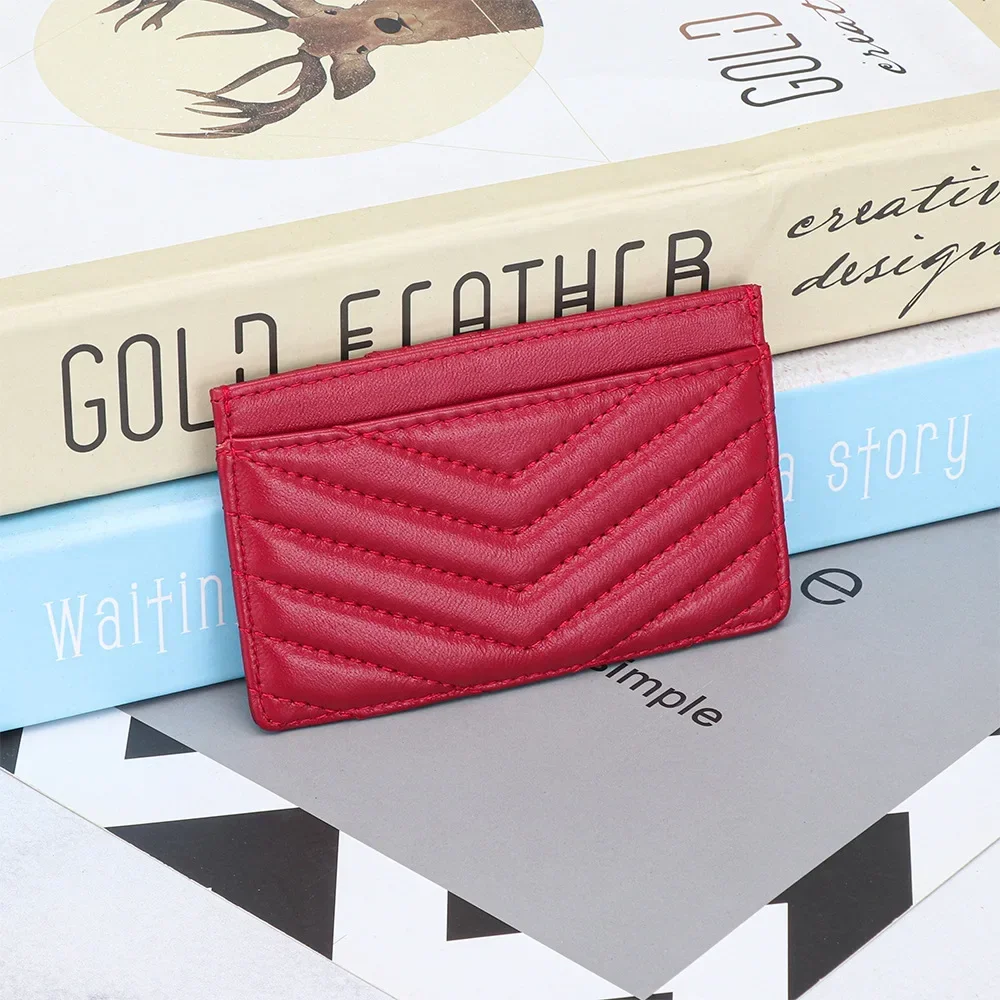 Sheepskin embroidered card bag Thin one-piece document storage Women's portable card holder leather premium coin wallet