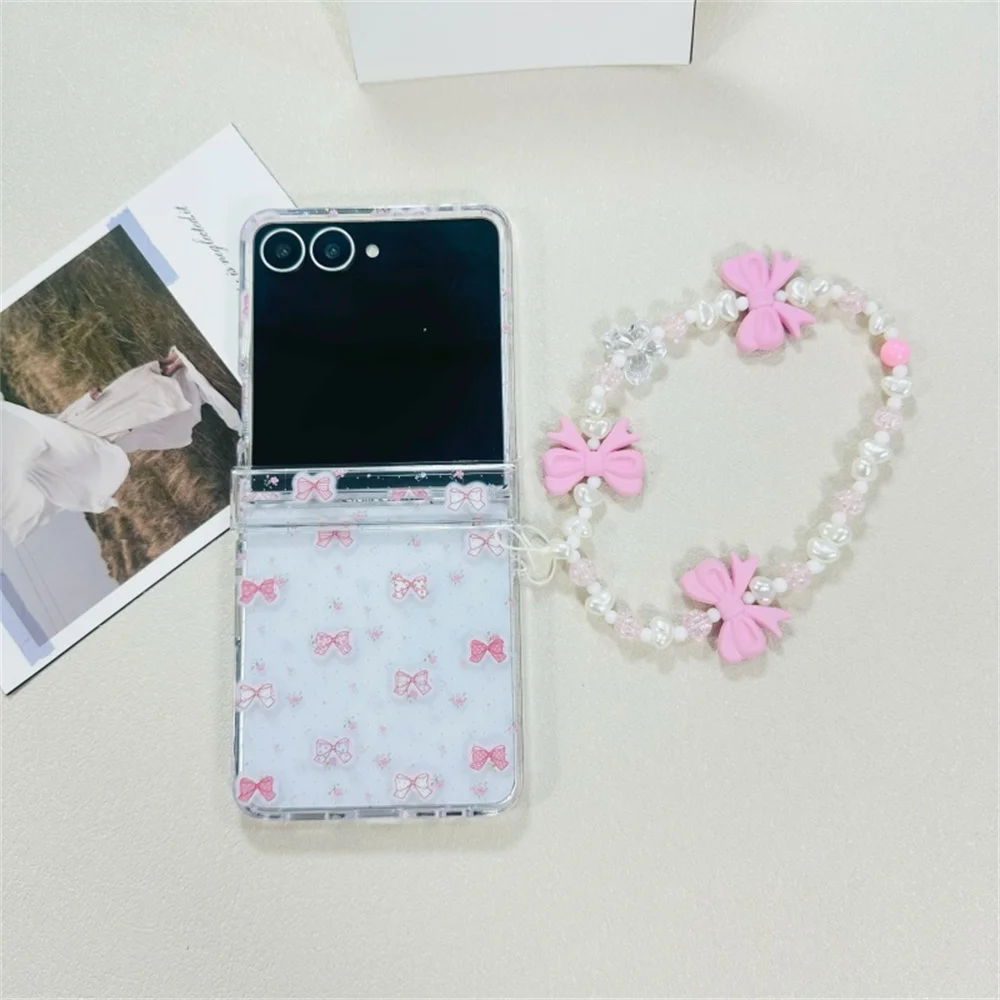 Kawaii Candy Pink Bow Flower Print Clear Phone Case for Samsung Galaxy Z Flip 7-3 Sweet Bow Charm Bead Strap Protective Cover