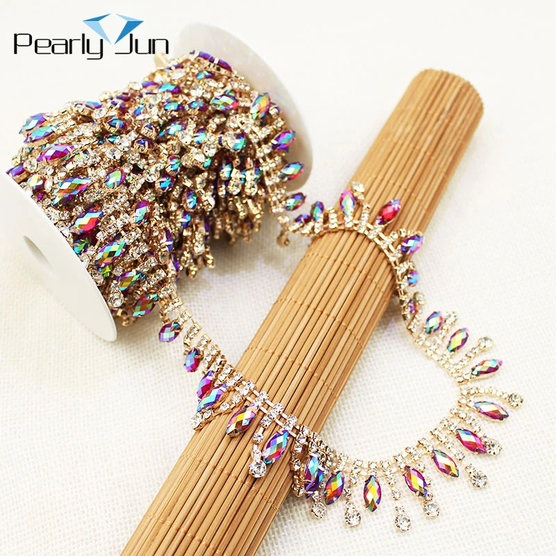 1/5 yards 3cm Drop AB Color Rhinestone Trim Silver Crystal Gold Chain For Clothing Decoration Shoes Bag DIY Accessories ML057