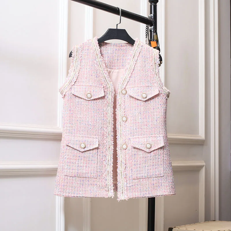 

Spring Autumn 2023 New Versatile V-Neck Pink Fragrant Vest French Tweed Waistcoat Coat