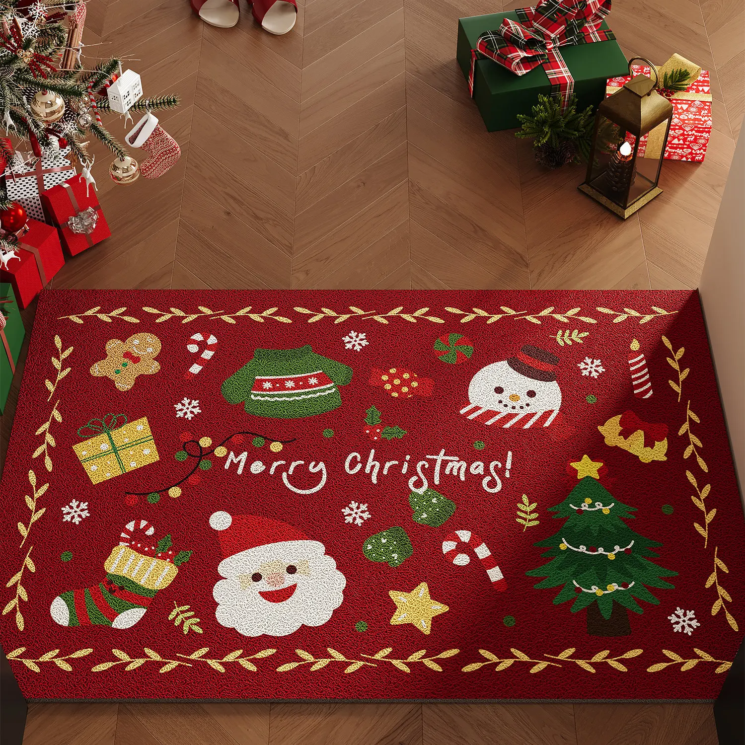 Christmas Non-Slip PVC Loop Wire Door Mat Holiday Welcome Floor Carpet Xmas Home Decor Cute Tree Elk Dirt Trapper Entrance Rug