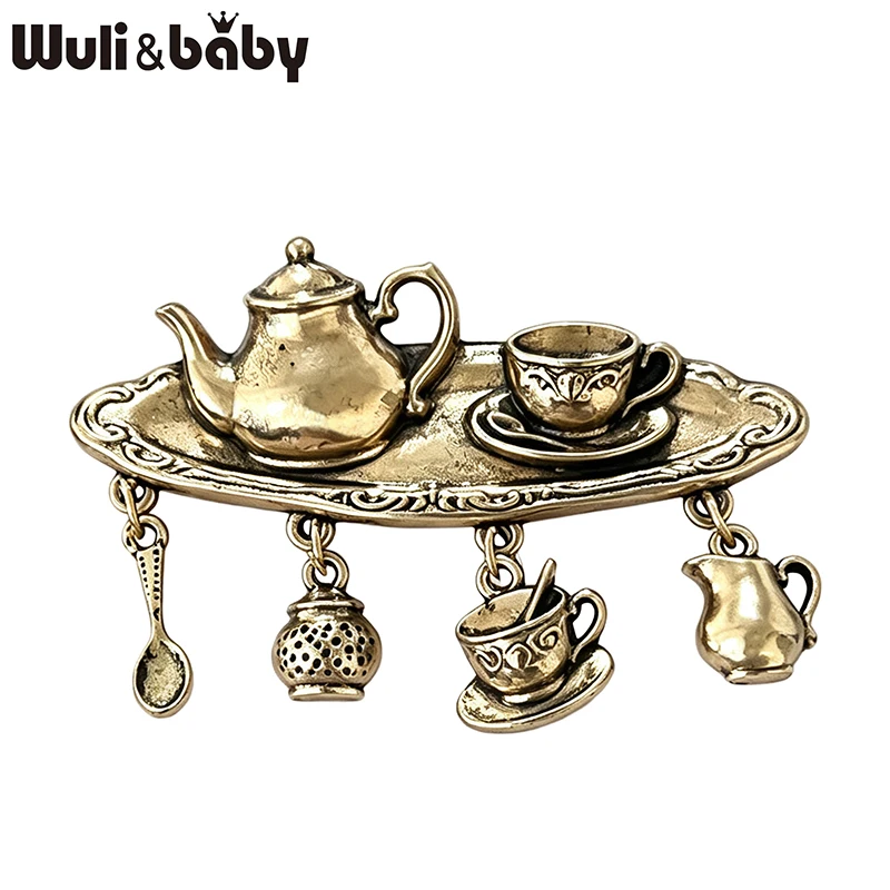 Wuli&baby Vintage Tea Set Tray Brooches For Women Men 2-color Metal Teapot Cup Spoon Dangle Charms Party Casual Brooch Pins Gift
