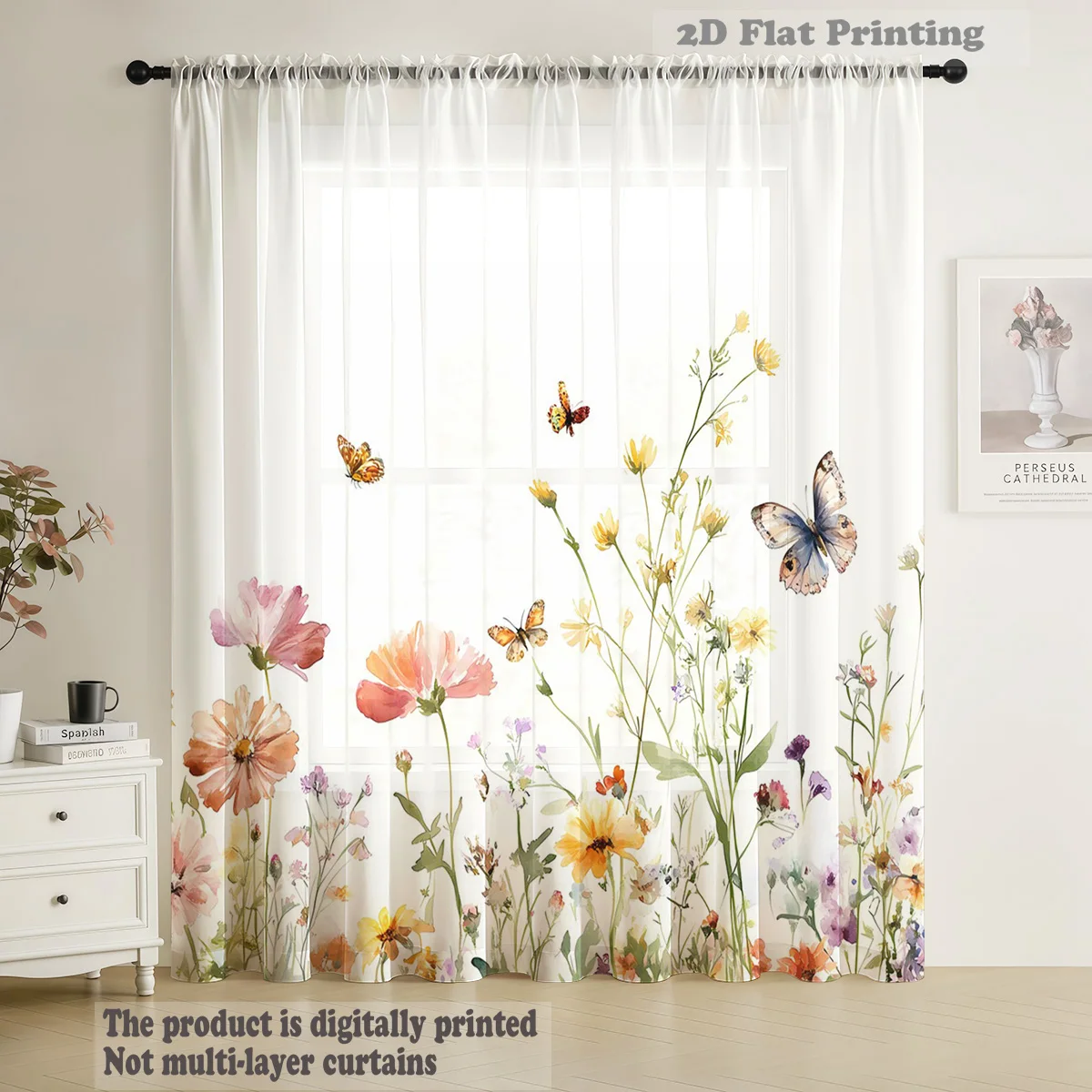 Vlinderthema Eendelig semi-transparant raamscherm Natuurlijk lichtgewicht Franse landelijke stijl tuinstang raamscherm