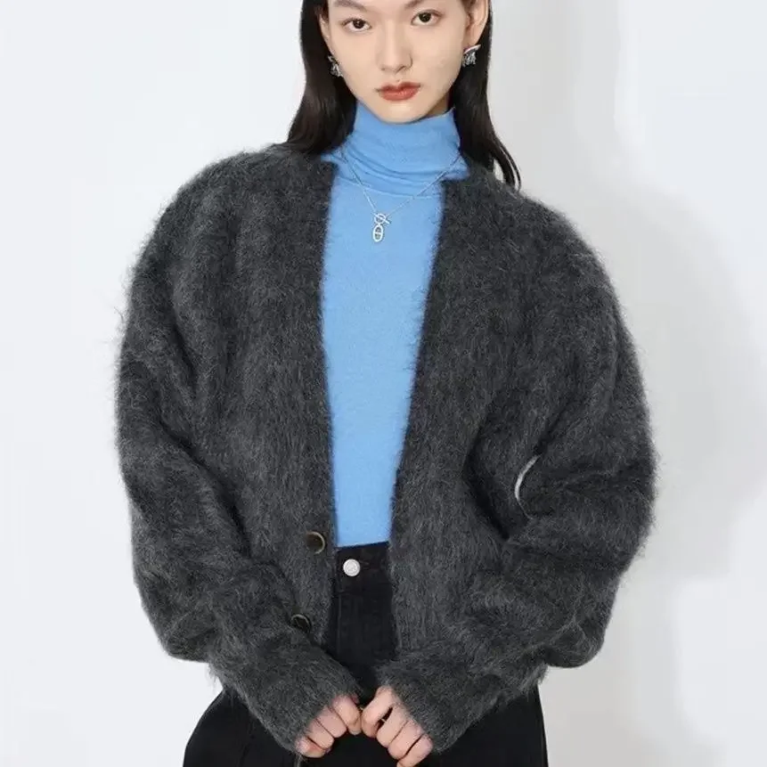 High end Mink Fur Knitted Cardigan Women Clothing Autumn Short Temperament Coat French Loose Casual V-neck Sweater Women Tops