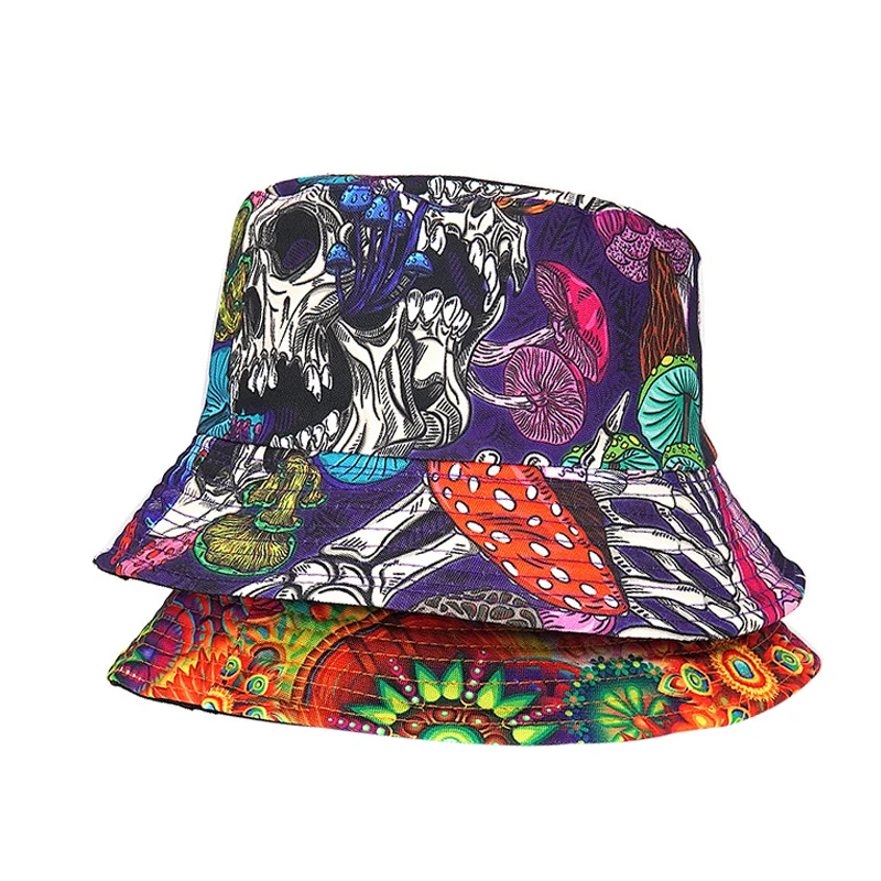 Bocca Mushroom Skull Printing Bucket Hat Cartoon Pattern Fisherman Hats Double Sides Reversible Panama Cap Outdoor New Style