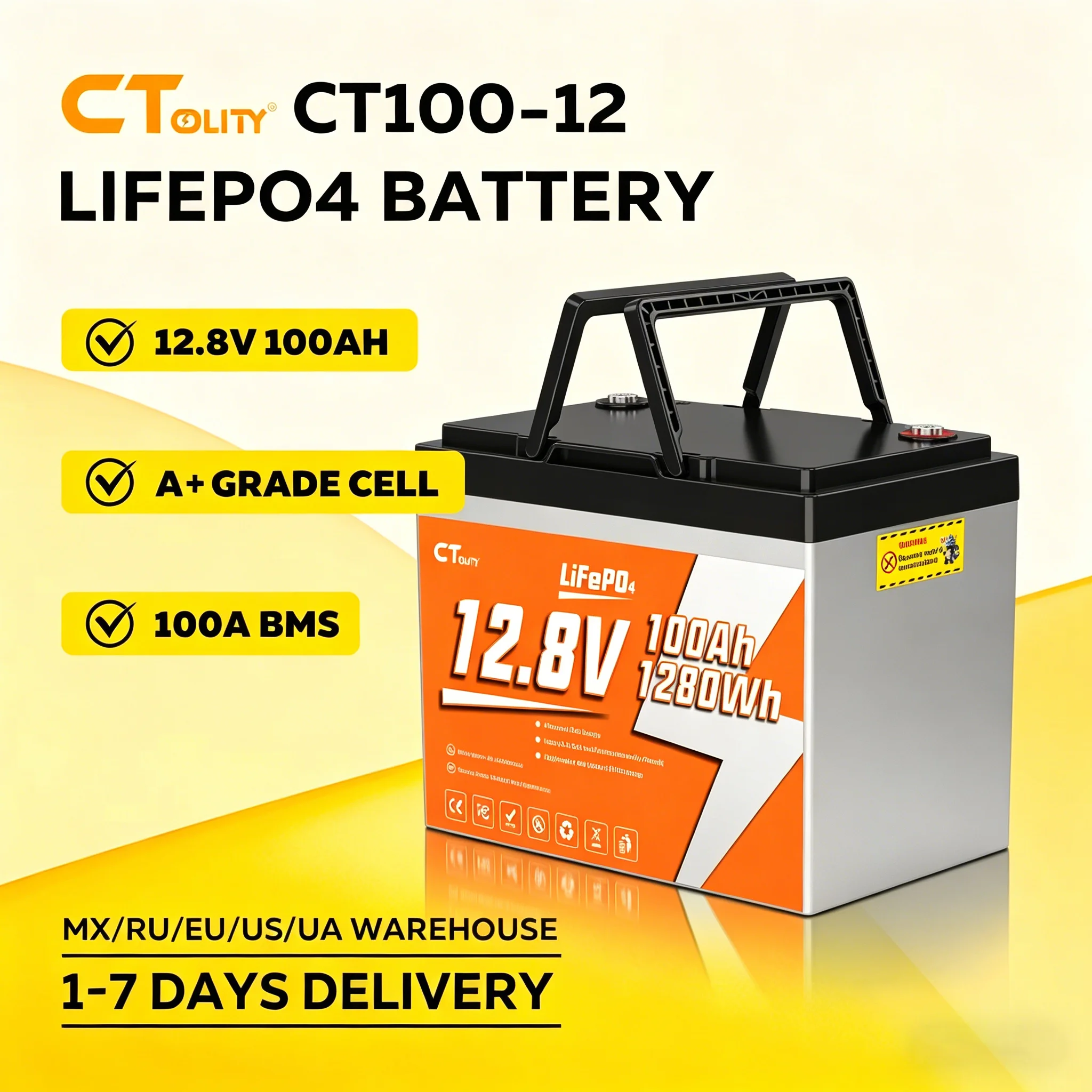 CTOLITY CT100-12 12,8 В 100 Ач 1280 Втч LiFePO4 Аккумулятор Встроенный 100 А BMS Ячейки класса А Макс. 1280 Вт 4000+ Цикл Солнечный генератор RV