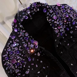 Sequin Diamonds Hand-Stitched Pure Cotton Denim Jacket Women Elegant Single Breasted Long Sleeve Jeans Jacket Outerwear Coat