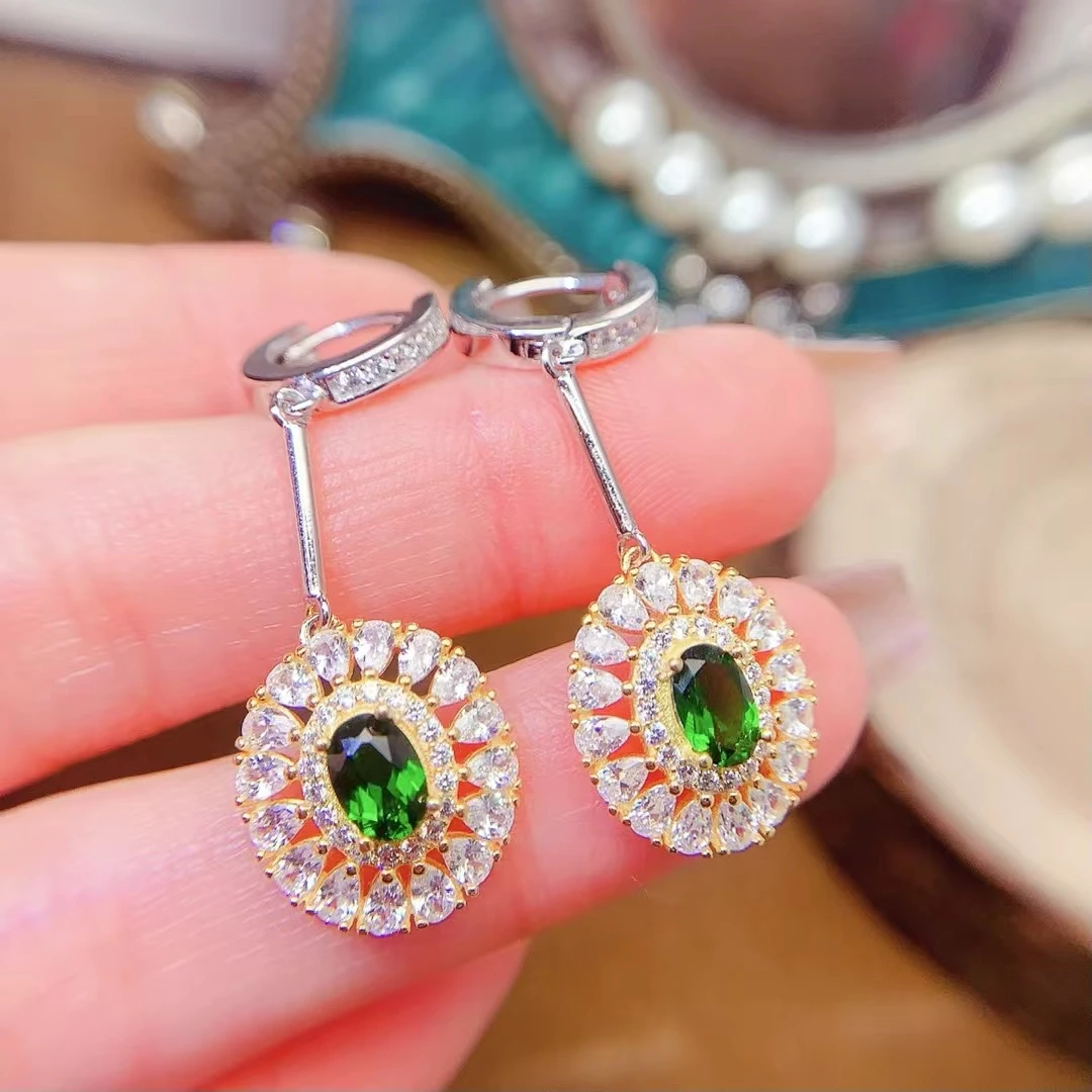 KJJEAXCMY-S925 Silver Plated New Earrings for Women, Fine Jewelry, Dazzling, Natural Diopside, High Clarity, Eye-Catching