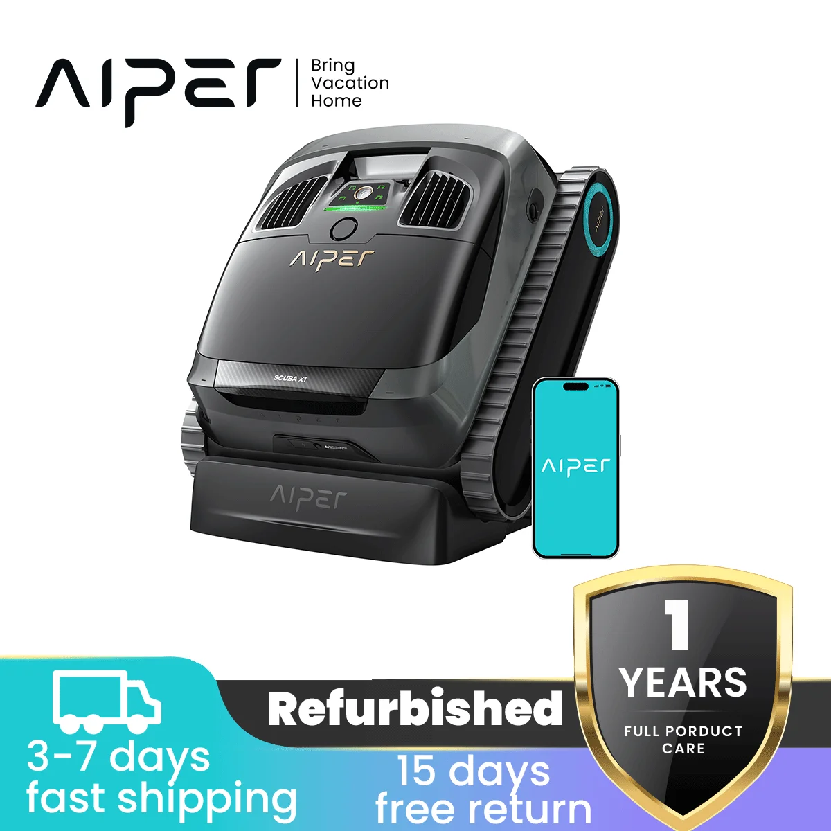 Refurbished AIPER 6600 GPH Cordless Robotic  Pool Cleaner, Floor & Wall & Horizontal  Waterline Cleaning,Scuba X1