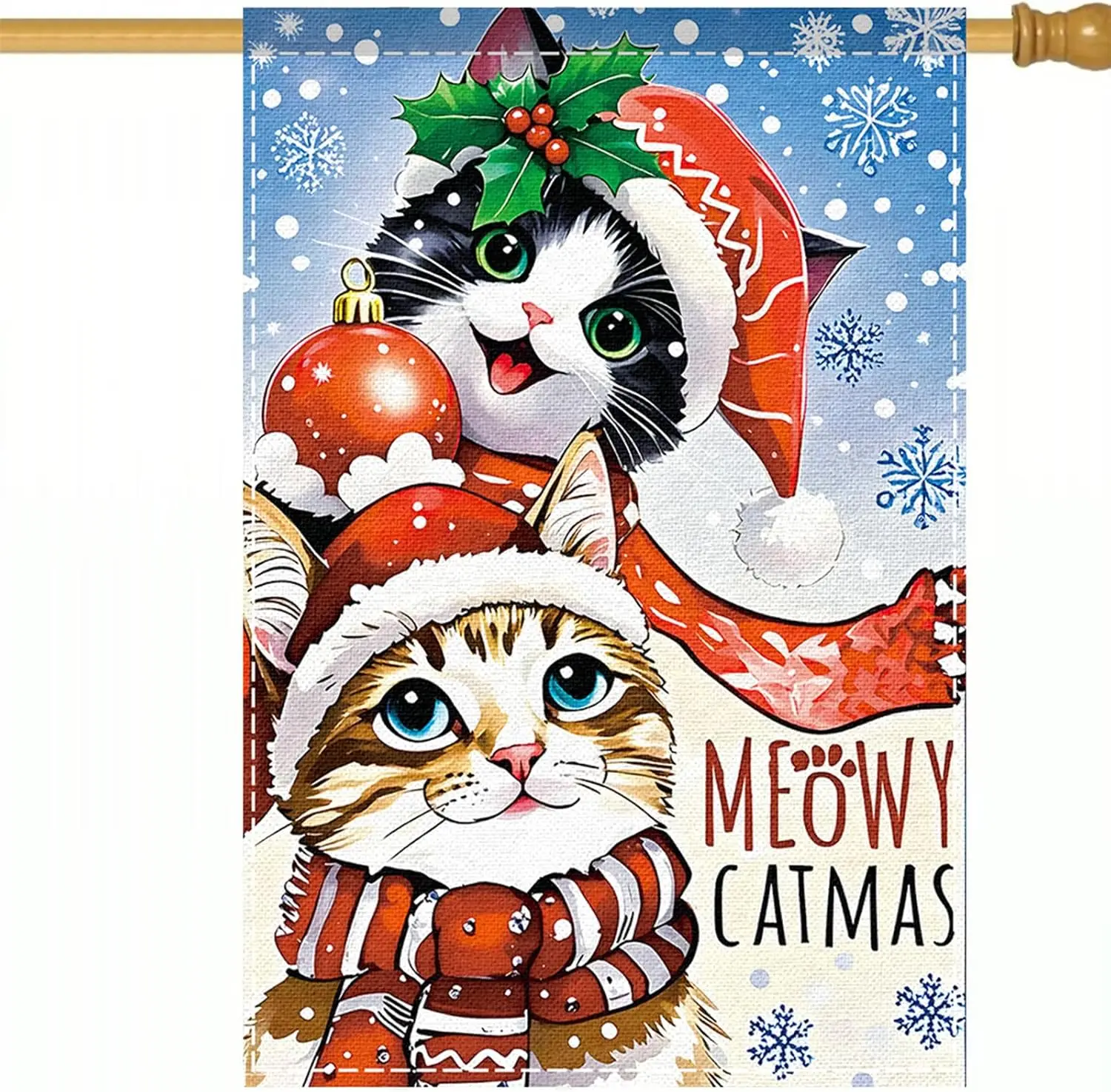 Christmas Cute Cat Garden Flag Winter Snowflake Meowy Catmas Garden Yard Flag Funny Cats Designs Double Sided 12x18 Inch Ban WWP
