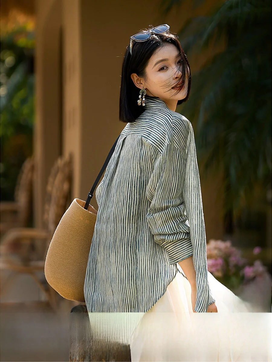 

Breathable Linen Shirt Holiday Stripe Women's Button up Long Sleeve Regular Fit Commute Style Fashionable Collar Top
