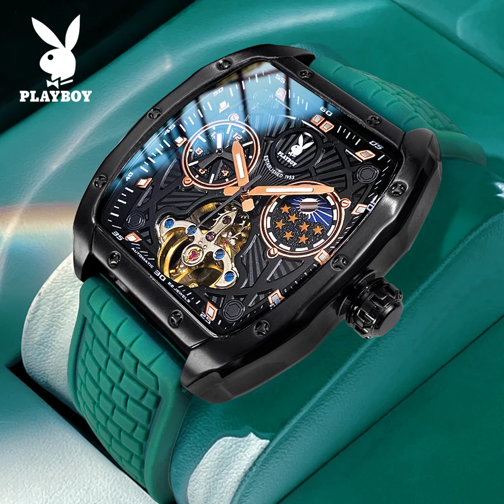 

Мужские автоматические часы PLAYBOY Tonneau с большим циферблатом, силиконовым ремешком, скелетонизированным механизмом, фазами Луны, модель 3058