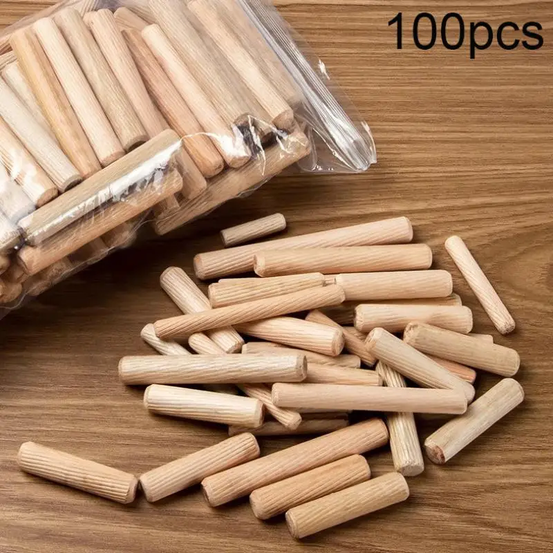100Pcs Wooden Dowel Cabinet Drawer Round Fluted Wood Craft Dowel Pins Rods Set Furniture Fitting Wooden Dowel Pin