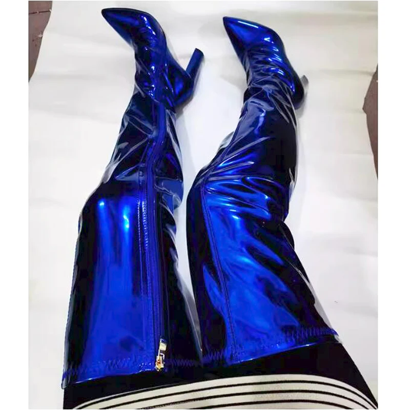 Dark Blue Red Patent Leather Over The Knee Boots Pointy Toe Little Chunky Heels Loose Thigh Boots Woman Stage Bling Long Botas