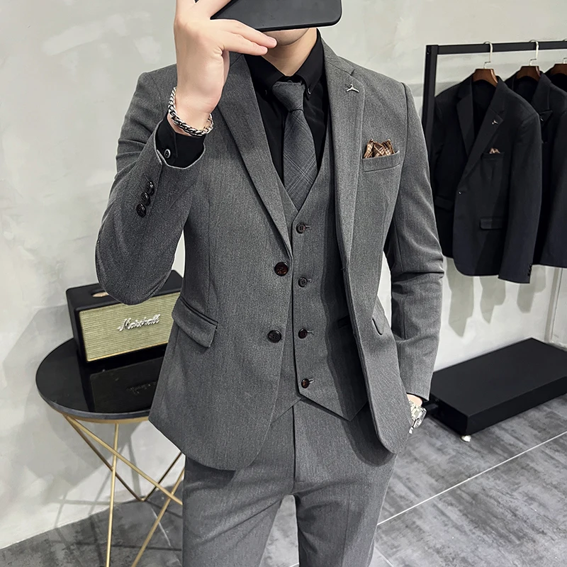 2023 Fashion New Men\'s Leisure Boutique Business Solid Color Slim Wedding Suit / Plaid Striped 3 Pcs Blazers Jacket Pants Vest