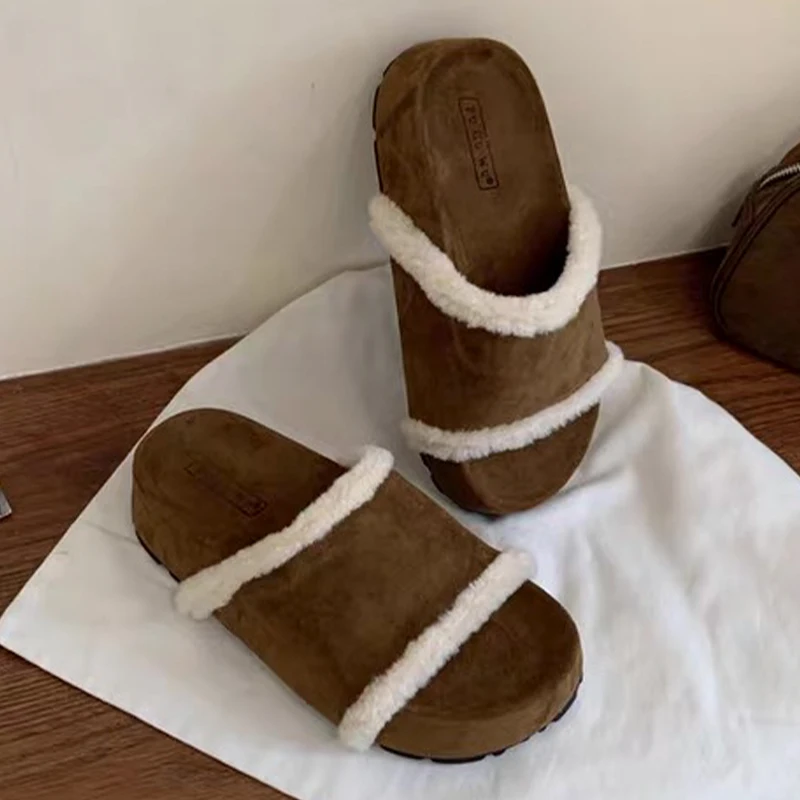 

Fur Flats Platform Women's Slippers Suede Fashion Cotton Shoes Winter Casual Dress Boots 2025 New Designer Cozy Chaussure Femme
