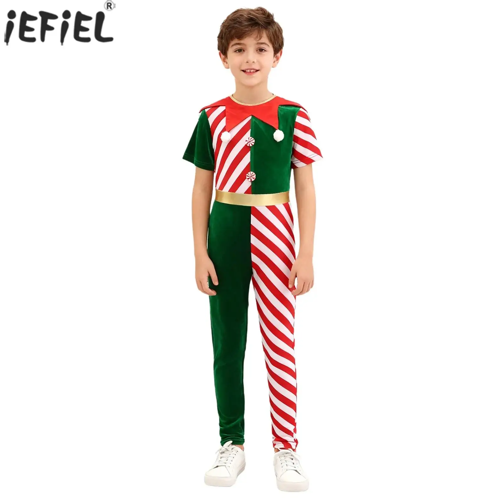 Boys Girls Christmas Elf Costume Candy Cane Striped Pompom Jumpsuit Kids Festival Xmas Party Cosplay Stage Performance Outfit