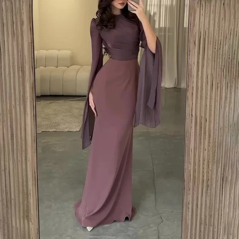 Vestido clássico plissado em forma A, vestidos longos com o pescoço, elegante e combinando, simples e elegante, alta qualidade, estilo moderno