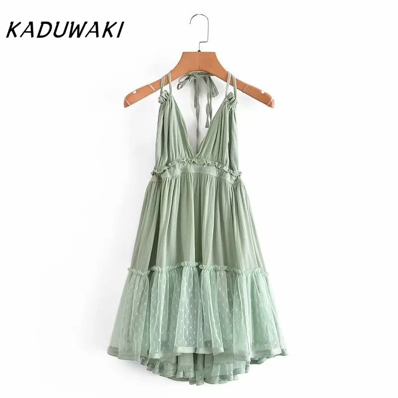 KADUWAKI Sexy Versátil Fino Camadas Malha Emenda Com Decote Em V Grande Backless Halter Robe Praia Vestido de Verão Ленее Плаikanе Больovahх Разukat