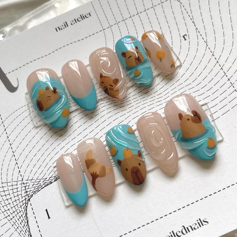 

Blue French Fake Y2k Nails Cute Animal Long Almond Press On Nails 3D Gradient Stripe Decor False Nails With Designs Removable