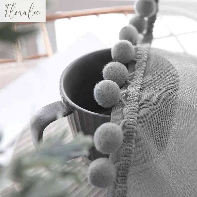 

White Pom Pom Tasseled Sheer Curtains for Bedroom Farmhouse Faux Linen Semi-Voile Transparent Bay Window Drapes Panel Custom