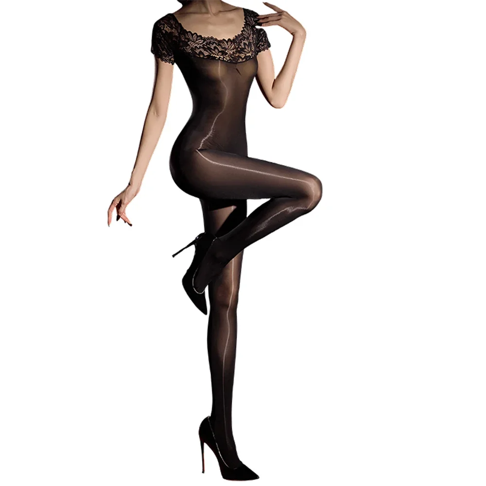 Women 5D 912 Pin Oil Shiny Glossy Bodysuit Lace Patchwork Off Shoulder Shaping Elastic Tights Sheer See Through Leotrd Jumpsuits