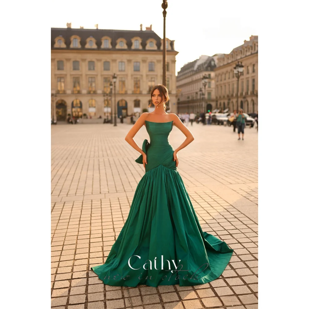

Cathy индивидуальное изумрудно-зеленое платье для выпускного вечера без бретелек из тафты с русалкой, простые вечерние платья длиной до пола