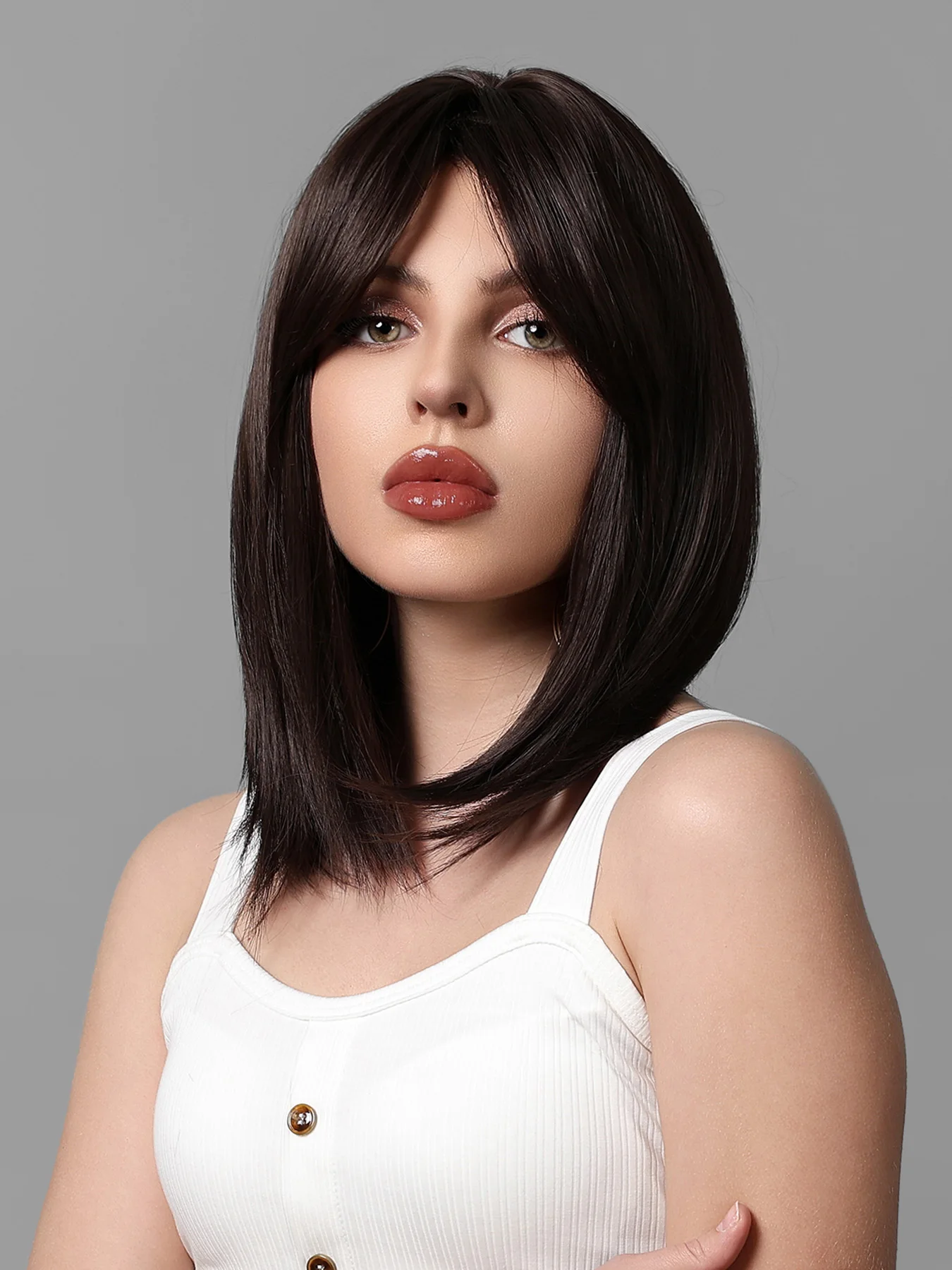 EASIHAIR-Peluca de cabello sintético con flequillo para mujer, cabellera artificial de fibra resistente al calor, color marrón oscuro, uso diario,