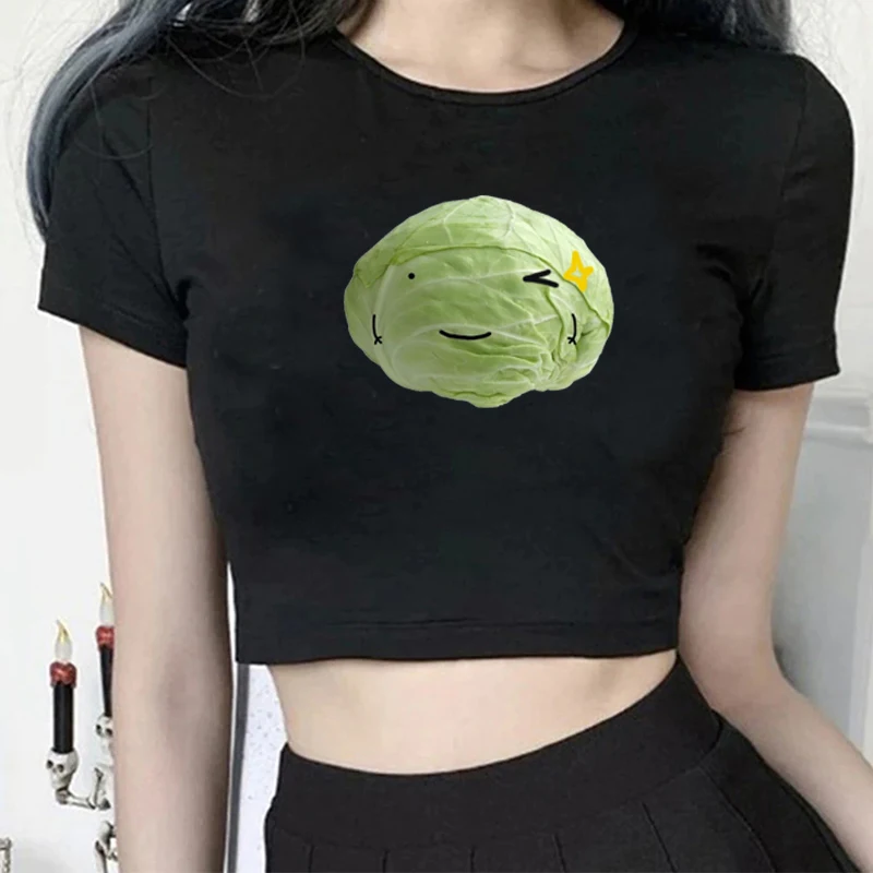 Kawaii Funny Cabbage Printed 2000s Crop Tops O-Neck Korean Style Women T-Shirt Y2k Baby Tee Slim Gothic High Street Emo Girl