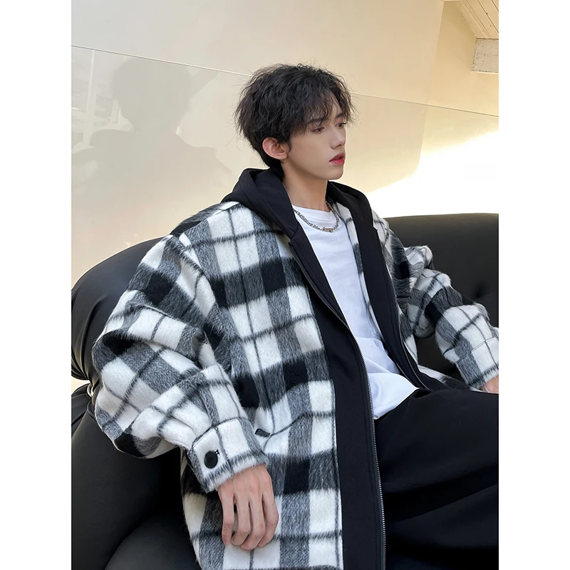 

Thiened Woolen Men's Jaet Autumn Faion High-End Plaid Hooded Fake Two-Piece Combination Zipper Decorated Loose Fit Anti...