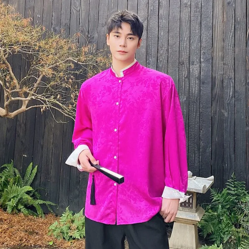WVGA Spring Autumn New Man Chinese Style Stand Collar Trendy Printed Long Sleeve Shirt Niche Chic Casual High End Top Ins W20933