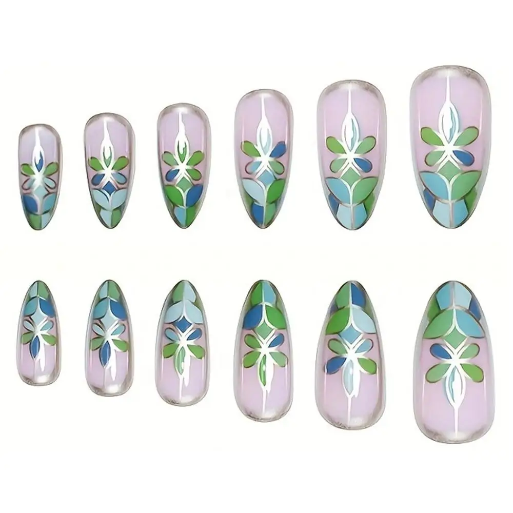 

Зеленый витраж, пресс для ногтей, многоразовый глянцевый отделка, ромбовидный узор, дизайн ногтей, 3D съемный акриловый пресс для ногтей