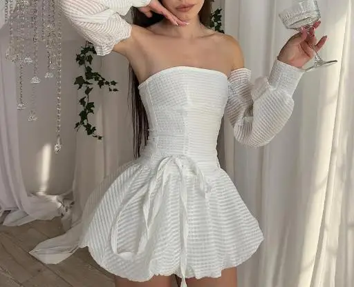 2025 Effen kleur korte mouwen strapless taille cinching jurk voor dames, elegante bubble mouw taille cinching strapless jurk