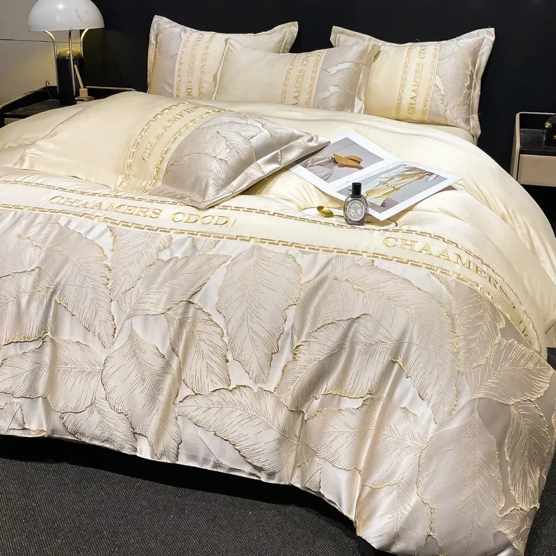 

Bedding Set Luxury Summer Cool Ice Silk Gold Royal 3D Embroidery Duvet Cover Set Cotton Bed Sheets and Pillowcases Home Textiles