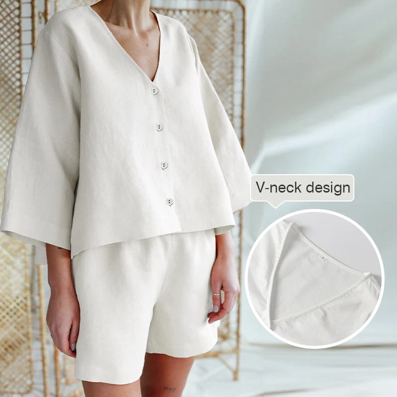 

Женская повседневная домашняя одежда, хлопково-льняной костюм, новая летняя свободная рубашка с v-образным вырезом на пуговицах + шорты с эластичной резинкой на талии, женский комплект из двух предметов