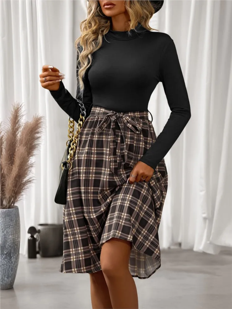 

Dresses 2025 Woman Retro Half-high Vestidos Collar Long-sleeved Plaid Color Block Dress Simple Style Temperament Leace-up Trendy