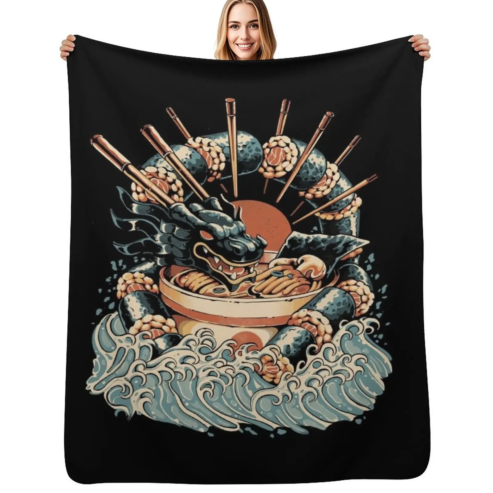

Dragon Sushi Ramen - Black Version Throw Blanket Long Lasting Soft Plush Blanket for Daily Use