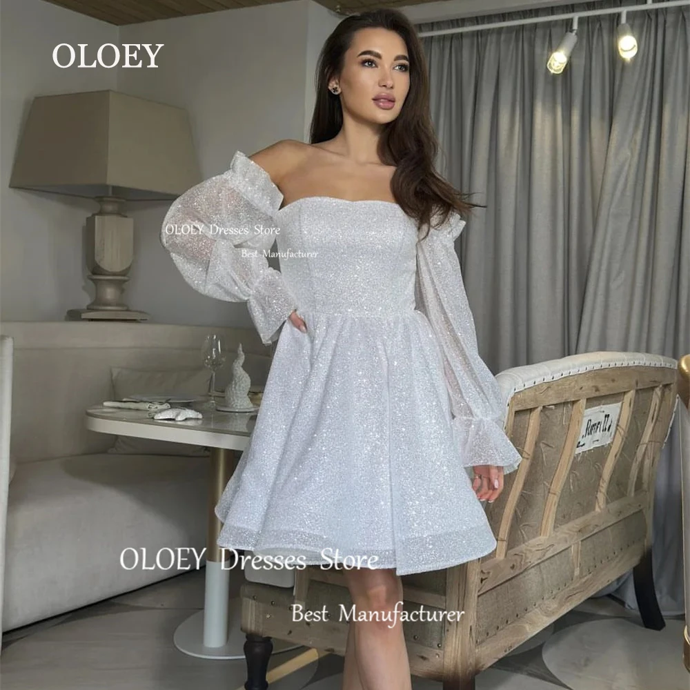 OLOEY Glitter Short Wedding Dresses A Line Off Shoulder Bridal Gowns Long Sleeves 2024 Zipper Back Vestidos De Novia Custom Made