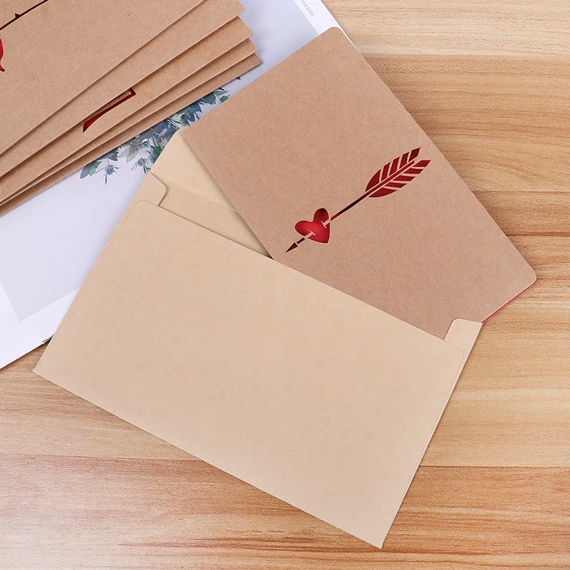 Valentine'day Card With Envelopes Hollow Rose Heart Love Letter Folding Greeting Card Kraft Paper Wedding Invitation Best Withes