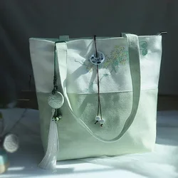 Women's Embroidered Tote Bag Shoulder Bag with Flower Grass Pattern Art Retro Canvas Tassels Chinese Style Shoulder Handbag