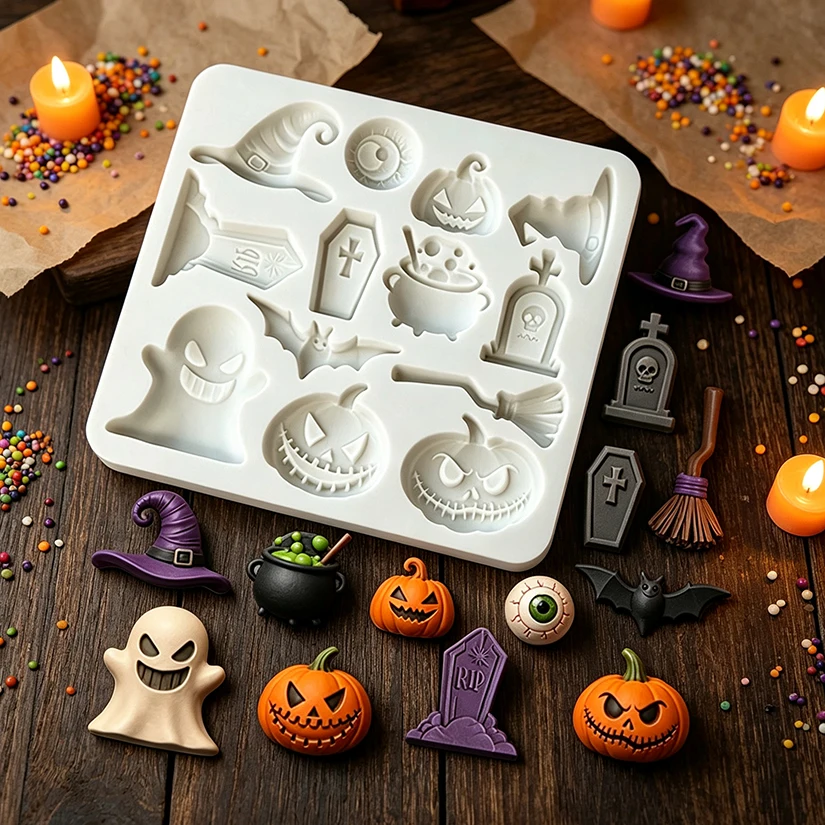 Halloween Kürbis Geist Fledermaus Hexenhut Grabstein Silikonform für Zuckerguss, Harz, Cupcake-Backen, Fondant und Kuchendekoration – Detail 2