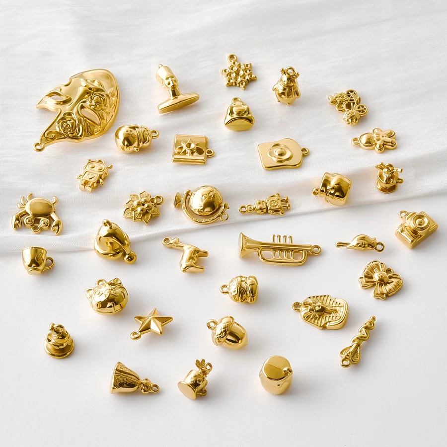 10Pcs Gold Plated Stainless Steel Assorted Charms 3D Globe Trumpet Camera Animal Pendants Mask Snake Staff Vintage Accessories