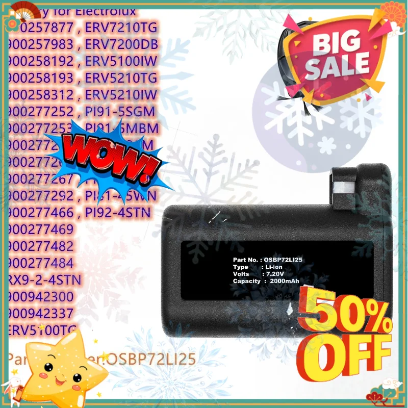 SWZY Vacuum Cleaner Battery 7.2V 2000mAh OSBP72LI25 for Electrolux Osiris 900258195 RX7-1-TM,ERV5100IW,ERV5210TG,PI91-5SGM,PI92-