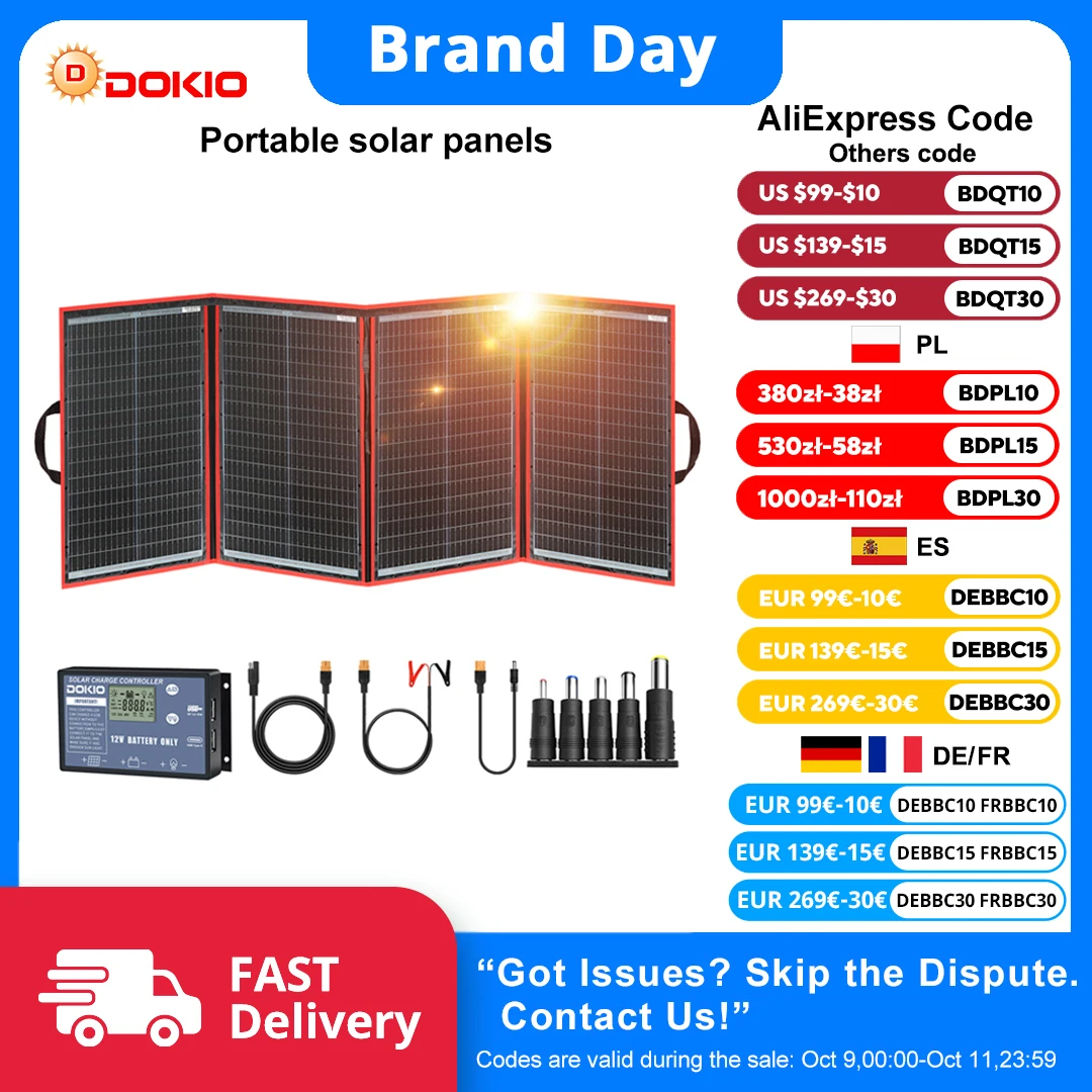 Dokio (Kostenloses 4-teiliges Ständer-Set) 18V 195W/295W Tragbares Faltbares Solarpanel mit 12V-Controller Geeignet für Zuhause und Reisen