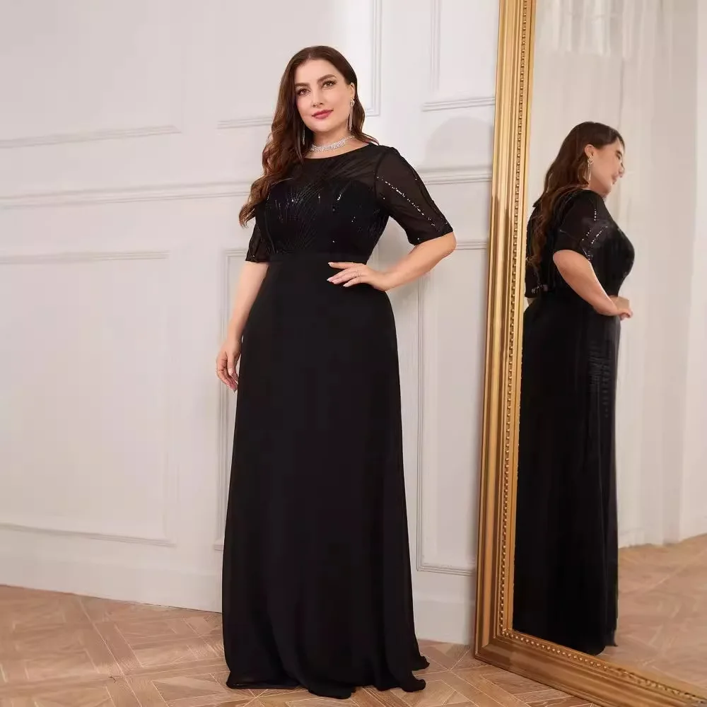 

Round Neck Half Sleeve Rhinestone Sequined Mesh Bodice Chiffon Maxi Dress Black Plus Size Wedding Mother Cocktail Gown